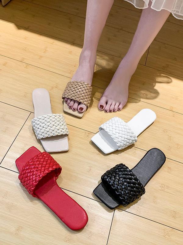 Open Toe Solid Color Split-Joint Square-Toe Slippers Product Image
