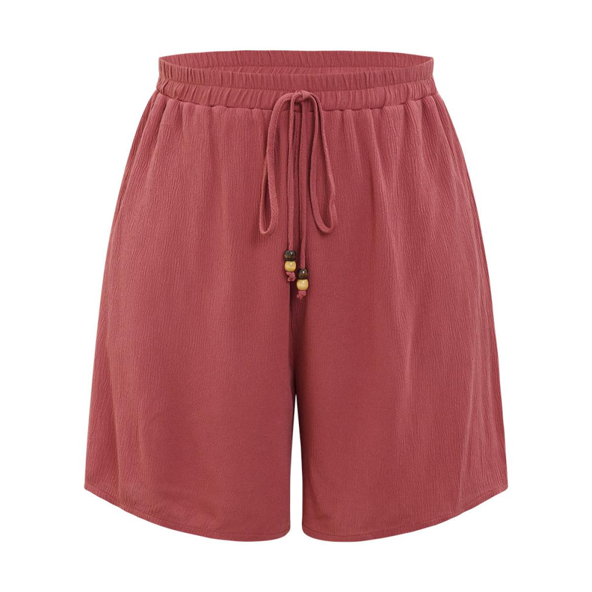 Plus Size Plain Ties Pocket Beaded Detail Shorts Women Rouge Vacation Beaded Dailywear Shorts BloomChic 10/M Product Image