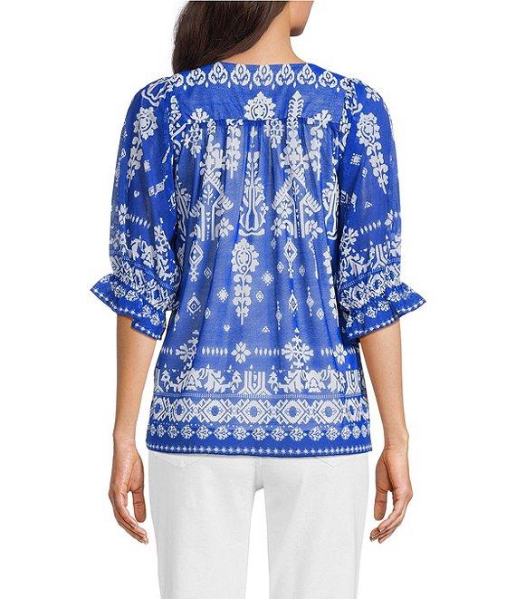 Calessa Mesh Knit Border Henna Printed Square Neck 3/4 Sleeve Tunic Product Image