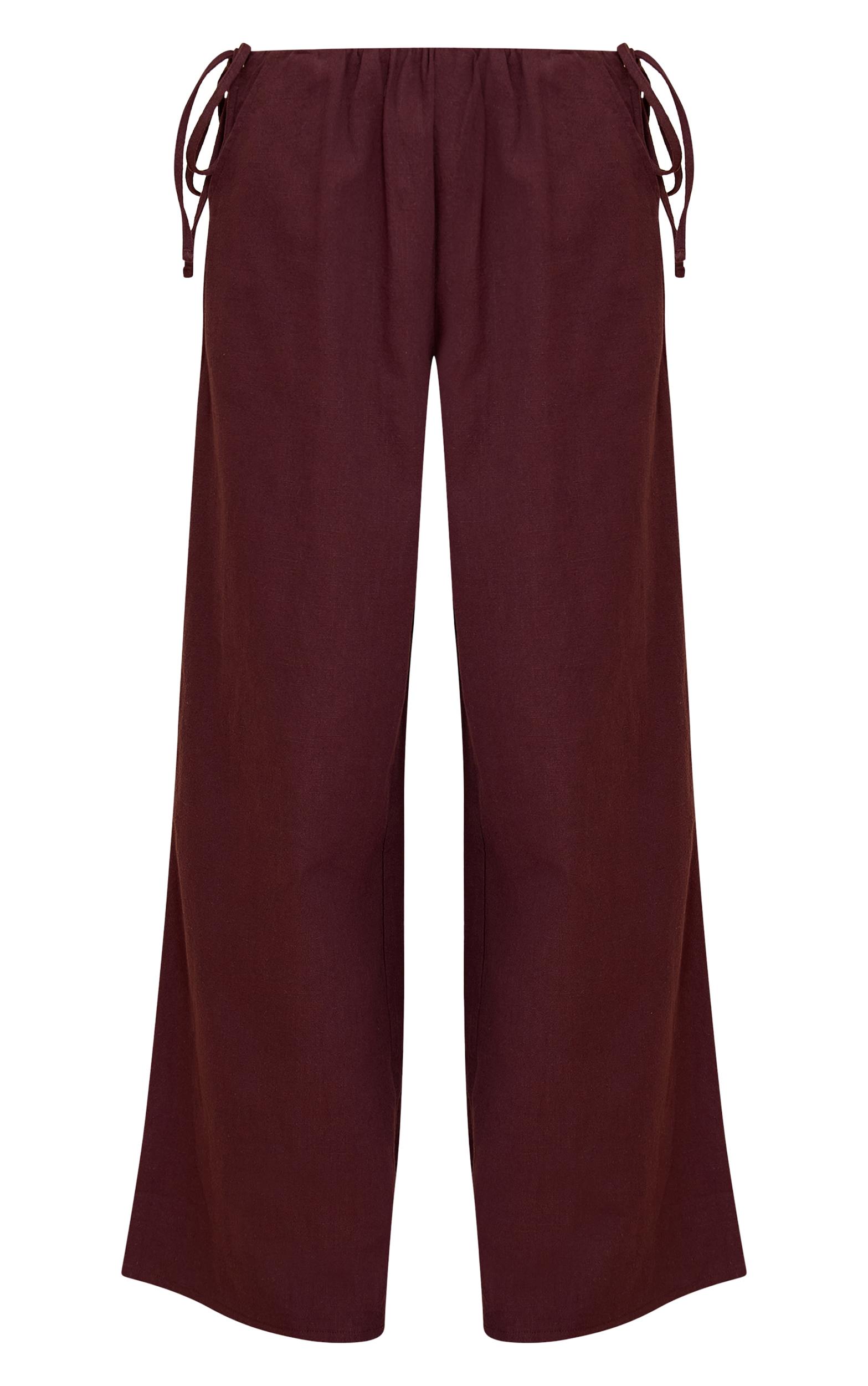 Deep Chocolate Premium Linen Side Tie Detail Wide Leg Pants Product Image