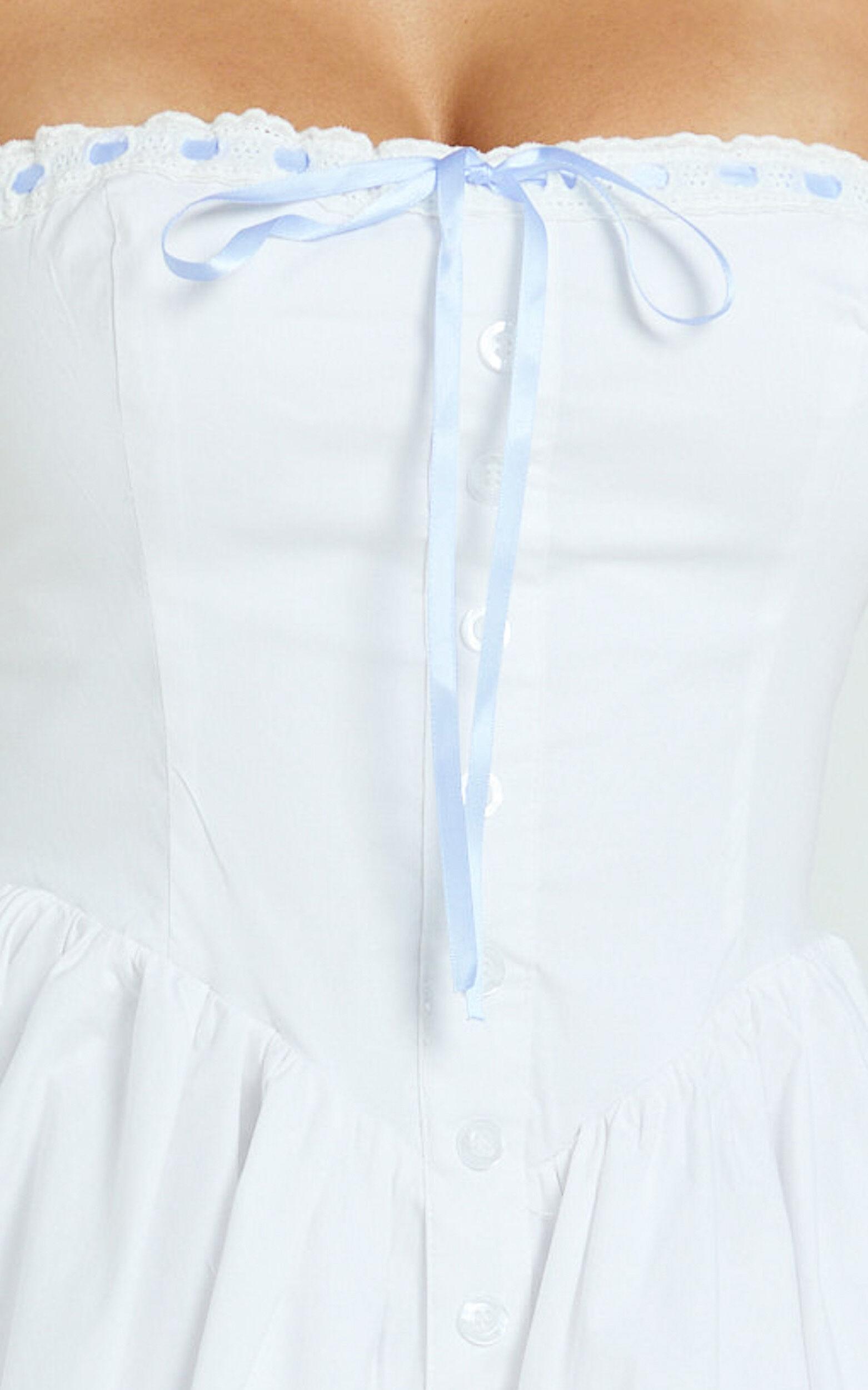 Brunetta Mini Dress - Embroidered Contrast Trim V Waist Fit And Flare Dress in Plain White Product Image