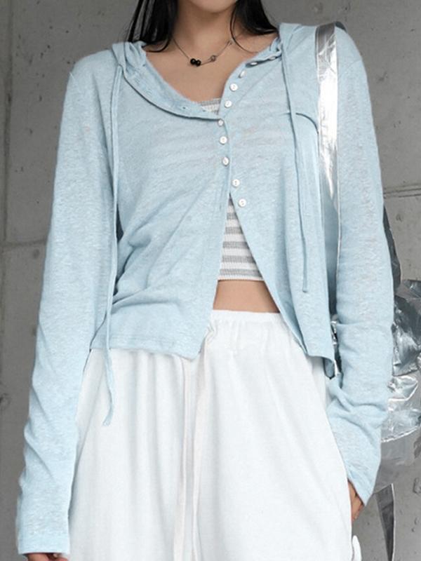 Light Blue Breasted Hooded Long Sleeve Knit Product Image