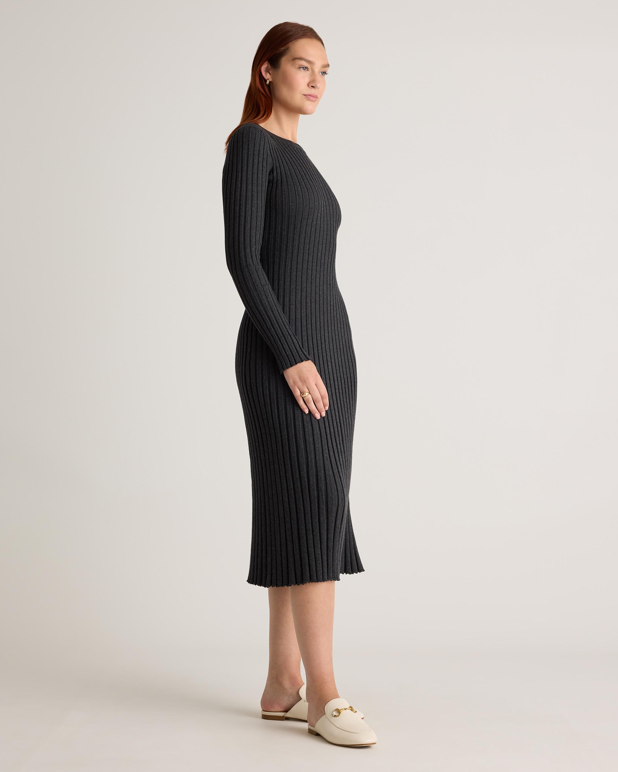 Quince | Women's Cotton Cashmere Ribbed Long Sleeve Crew Midi Dress Product Image