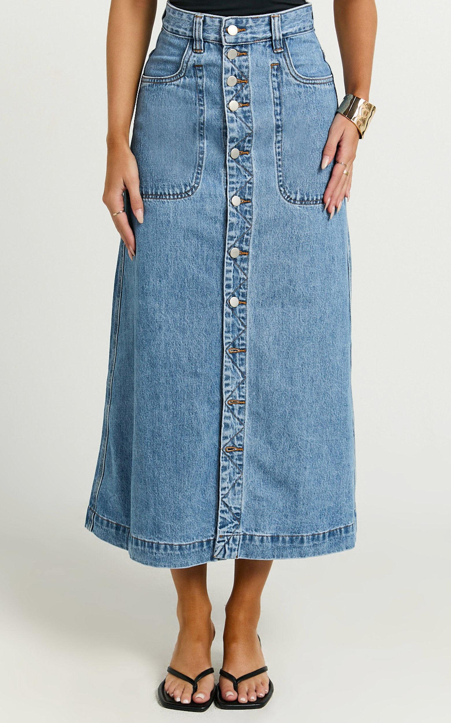 Alisa Midi Skirt - Button Through A Line Denim in Mid Blue Wash Product Image