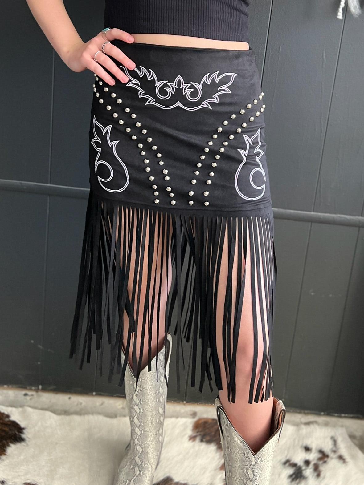 L&B Black Western Boot Stitch Embroidered Studded Suede Fringe Skirt Product Image