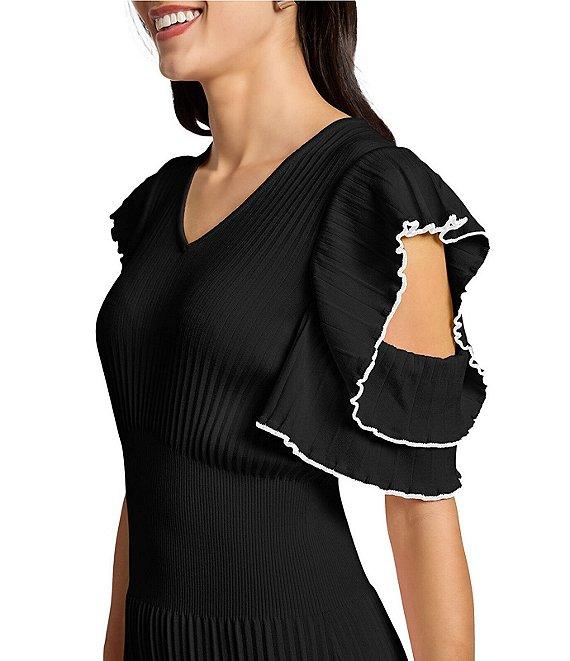 Ming Wang Rib Knit V-Neck Short Cold Shoulder Fit And Flare Midi Dress Product Image