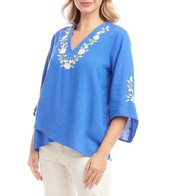 Karen Kane Linen Blend Bracelet Sleeve Embroidered Asymmetric Top Product Image