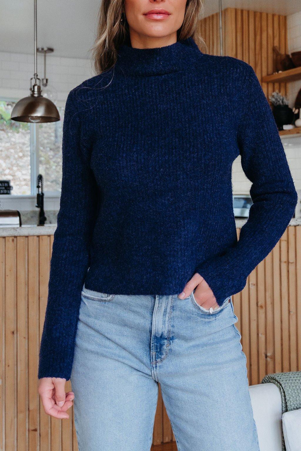 Navy Blue Mock Neck Ribbed Sweater - FINAL SALE Product Image