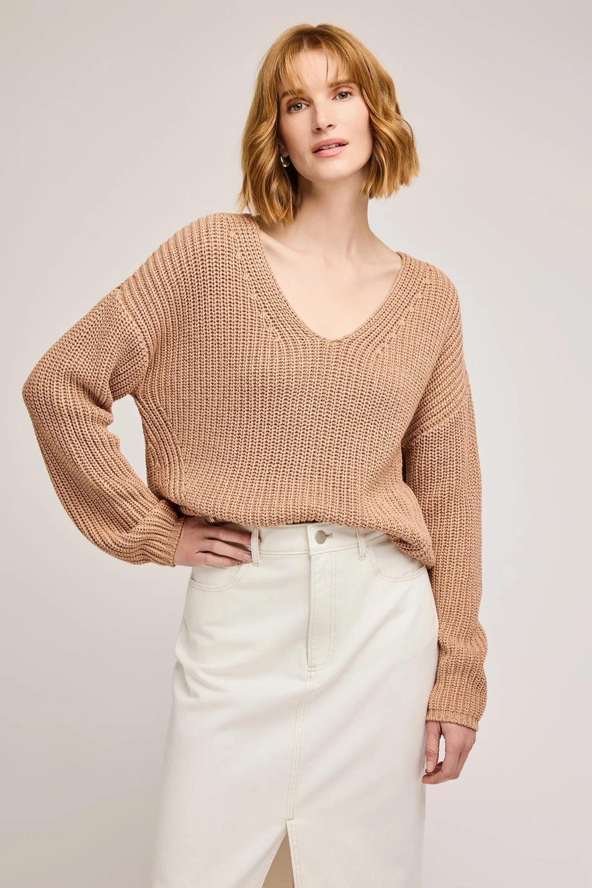 Spencer V-Neck Knit Sweater- Tan Product Image