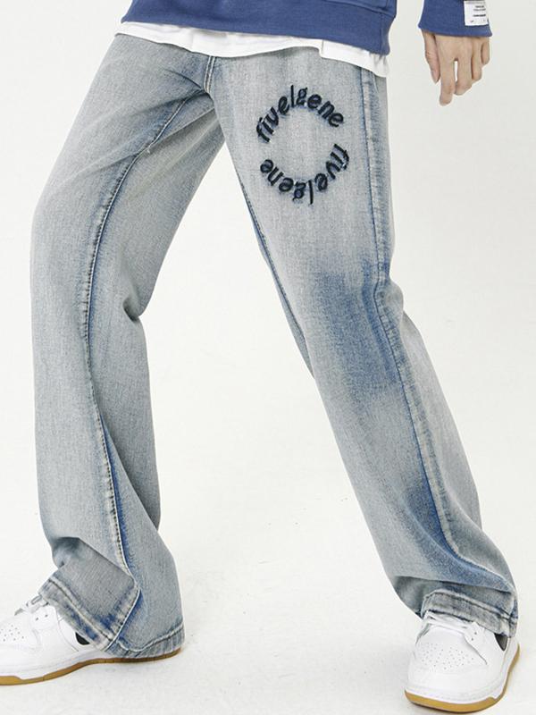 Wash Ombre Letter Embroidery Boyfriend Jeans Product Image