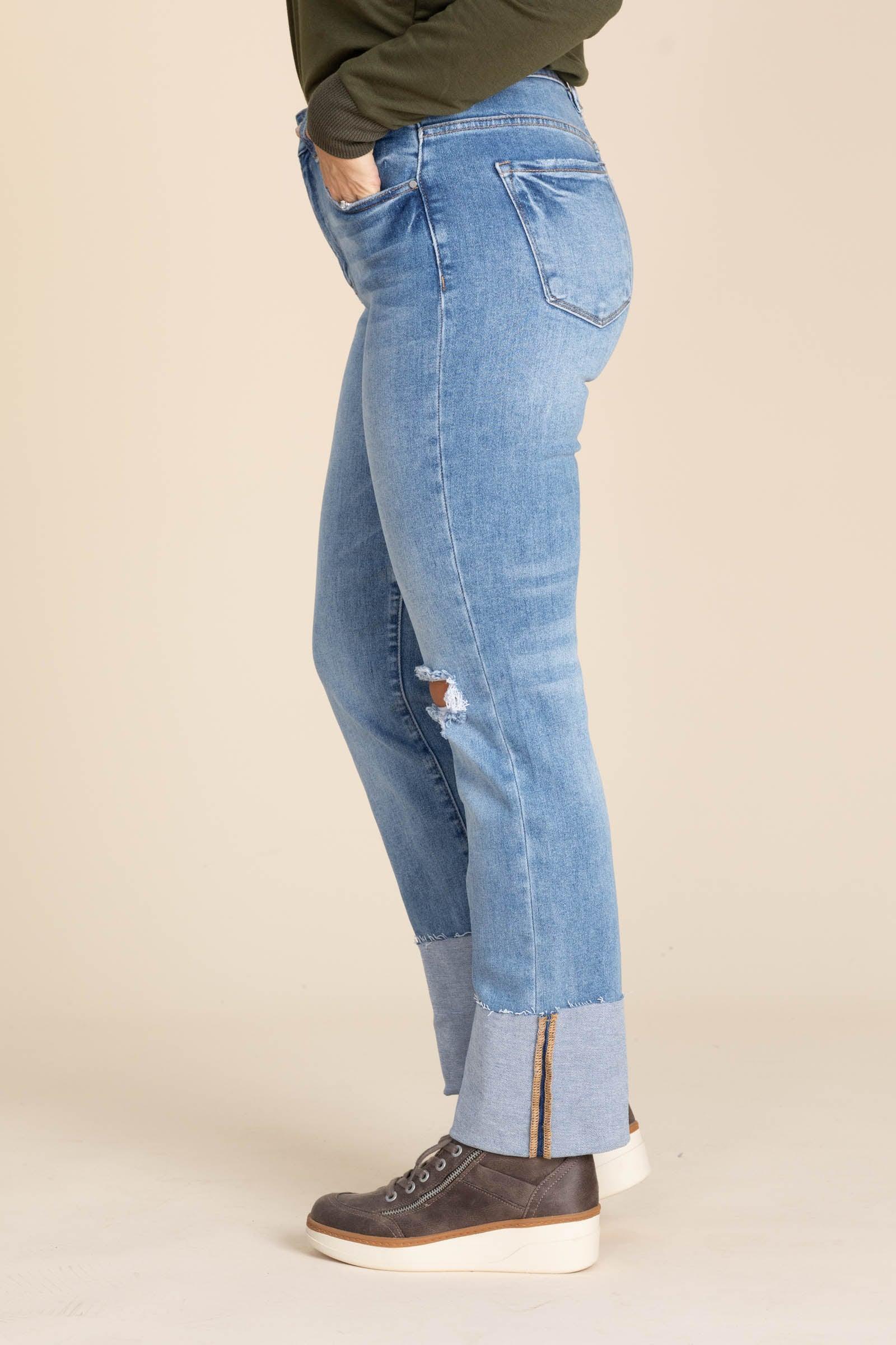 Risen Medium Wash Cuffed Straight Leg Jeans Product Image