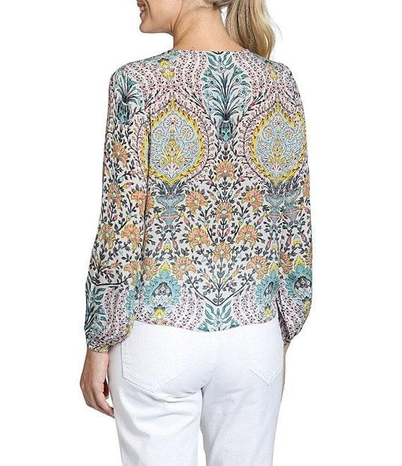 APNY Woven Printed V-Neck Long Sleeve Tie Front Top Product Image