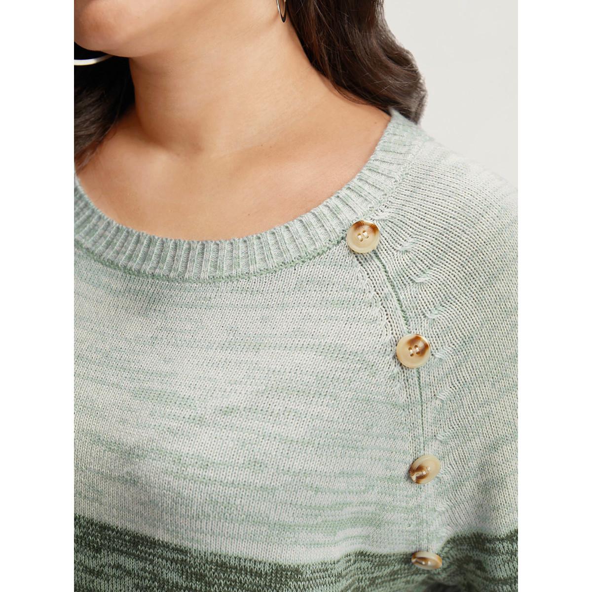 Plus Size Colorblock Contrast Heather Button Detail Pullover Indigo Women Leisure Long Sleeve Round Neck Casual Pullovers BloomChic 22-24/3X Product Image