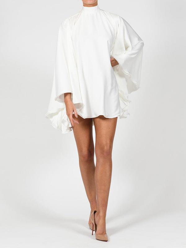 Solid Color High-Neck Backless Flared Sleeves Mini Dress Product Image