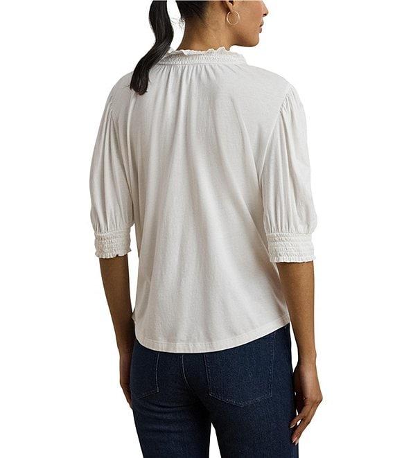 Lauren Ralph Lauren Ruffle Knit Jersey Paisley Floral Split V-Neck 3/4 Puff Sleeve Smocked Embroidered Top Product Image