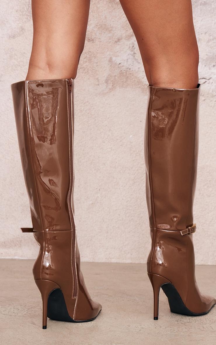 Chocolate Patent PU Wide Fit Point Toe Knee High Stiletto Heeled Boots Product Image