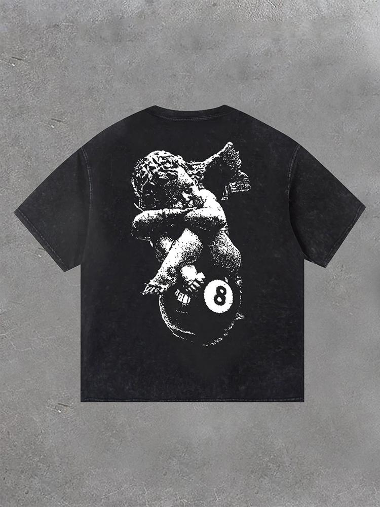 Retro Angel Print No 8 Acid Washed Short Sleeve T-Shirt Product Image
