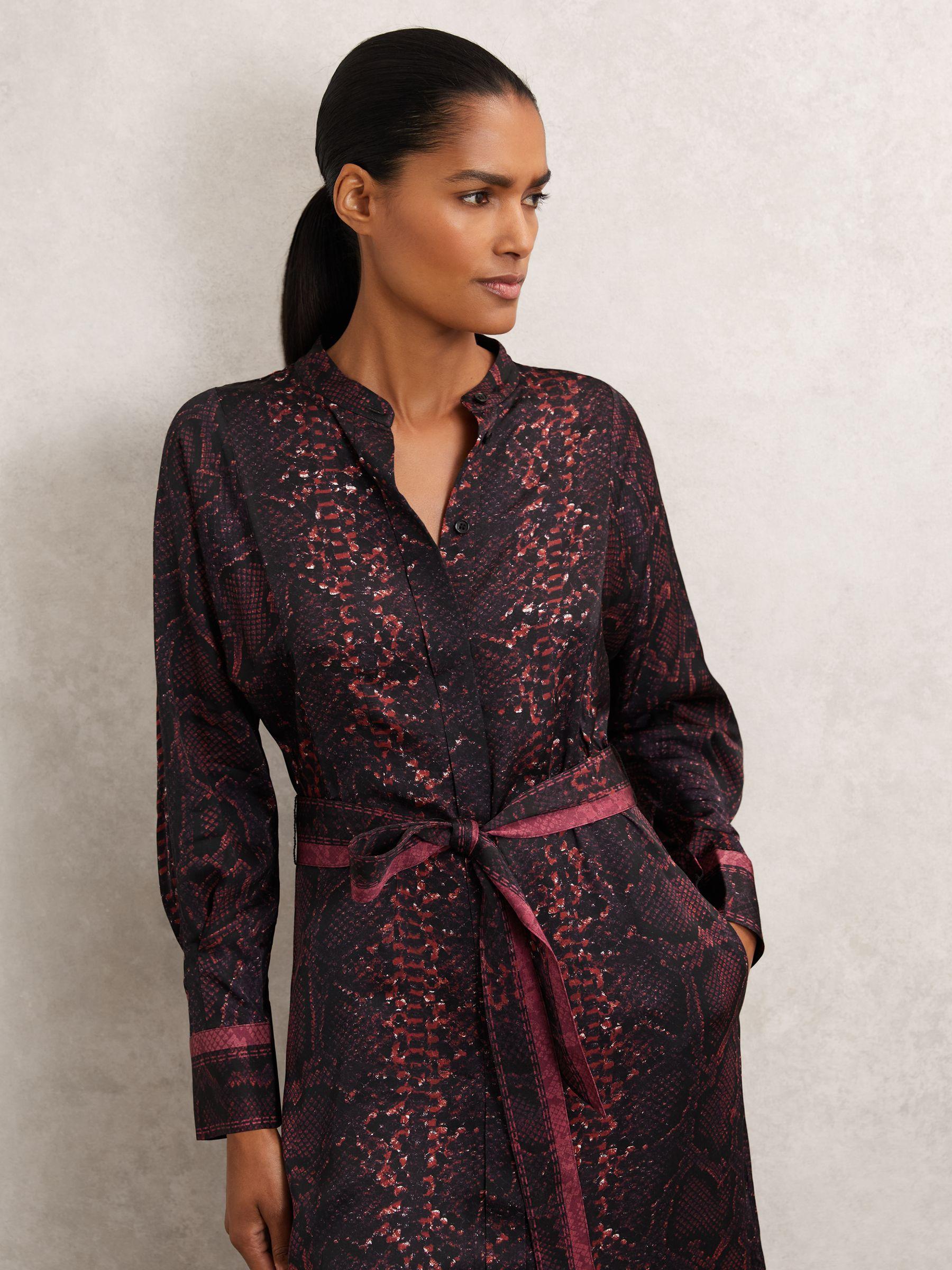 Snake-Print Belted Shirt Dress in Burgundy/Black Product Image