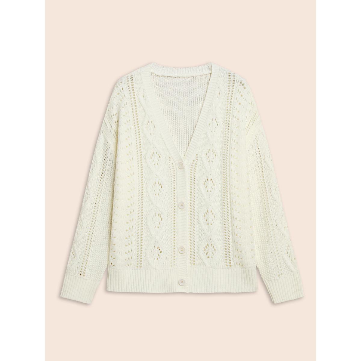 Plus Size Solid Hollow Out Button Up Cardigan Apricot Women Casual Loose Long Sleeve Everyday Cardigans BloomChic 30/6X Product Image