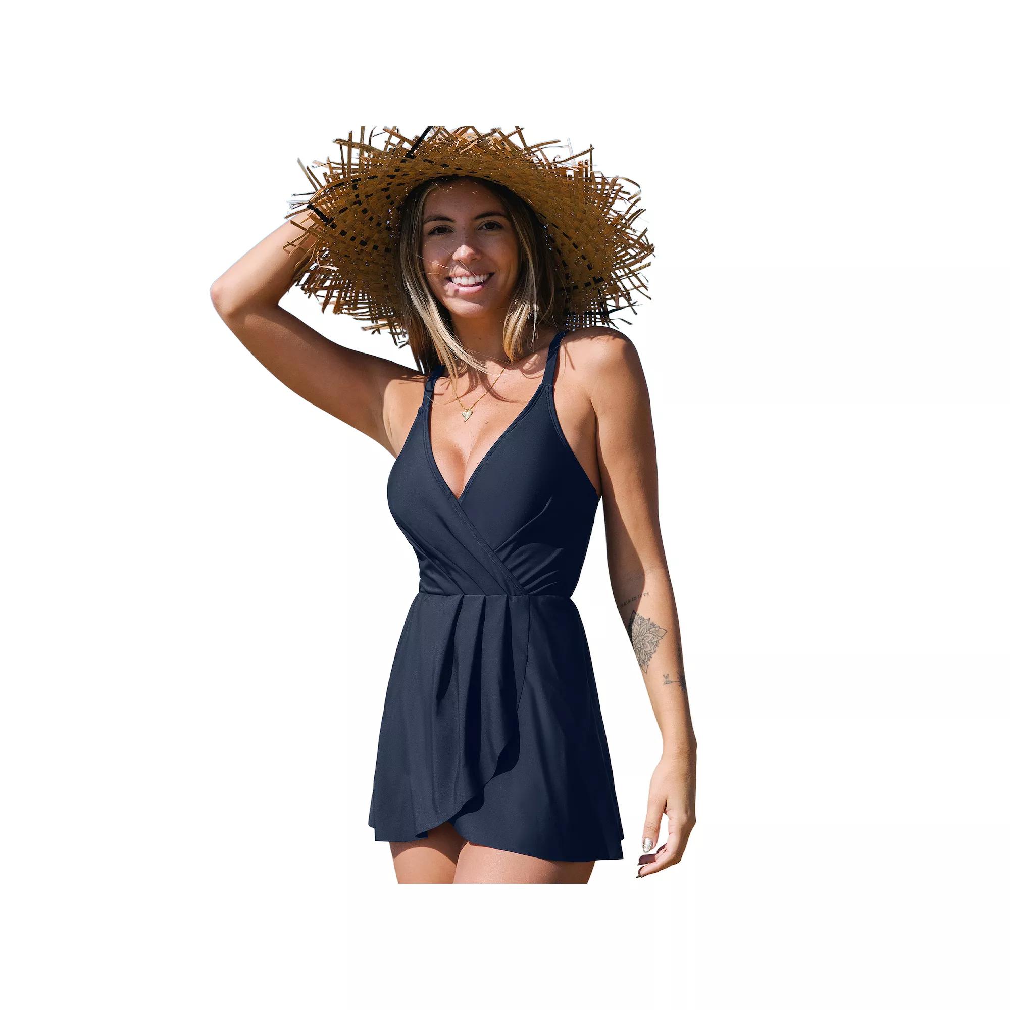 Women's Cupshe Navy V-Neck Ruffled Swim Dress, Size: Medium, Blue Product Image