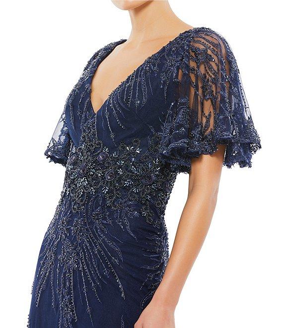 Mac Duggal Embellished Illusion V-Neck Sheer Butterfly Short Flutter Sleeve Sheath Gown Product Image