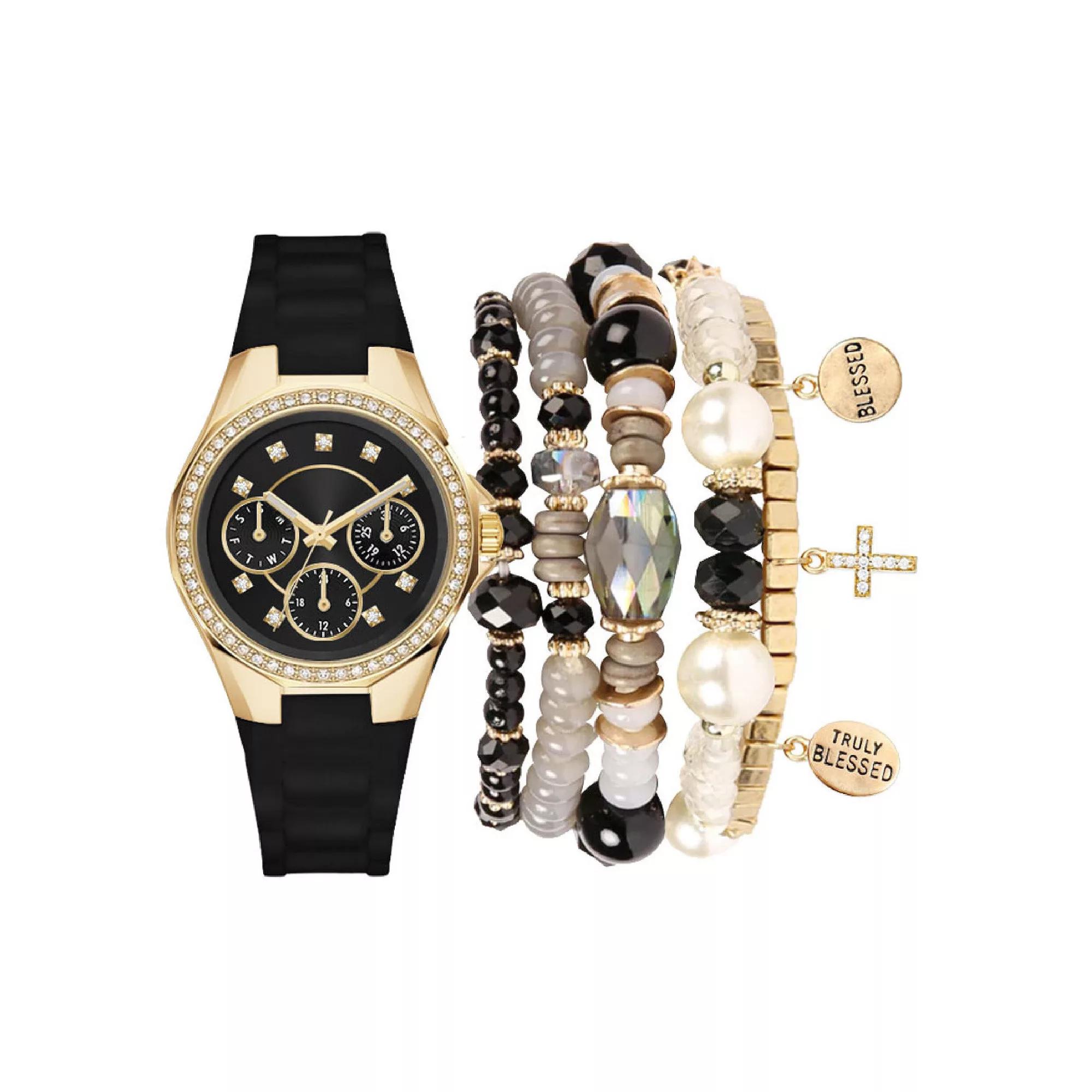 Jessica Carlyle Women's Black Silicone Analog Watch & Bracelet Set, Size: 35 mm Product Image