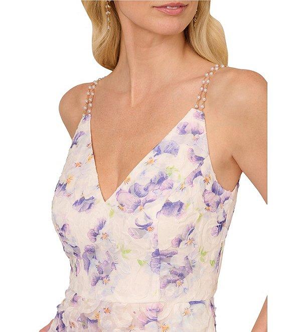 Adrianna Papell Soutache Floral Print V Neck Sleeveless Pearl Straps A-Line Midi Dress Product Image