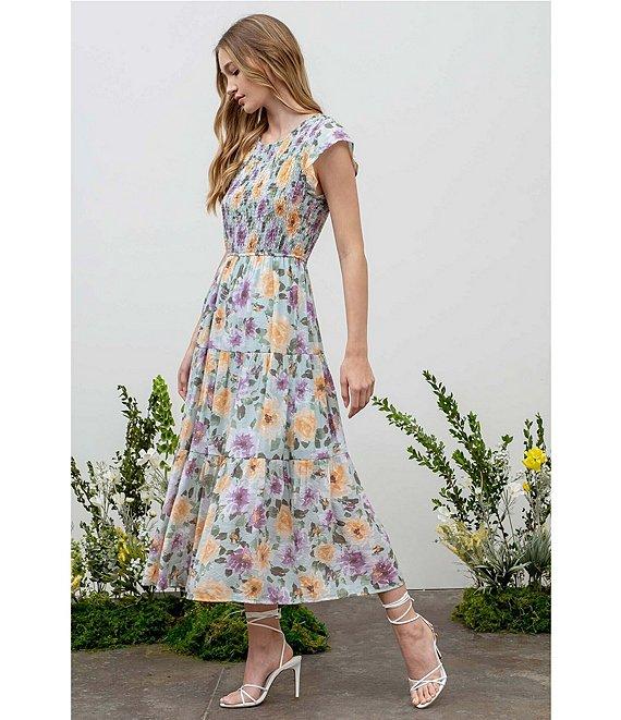Blu Pepper Floral Print Short Sleeve Smocked Bodice Tiered Midi Dress Product Image