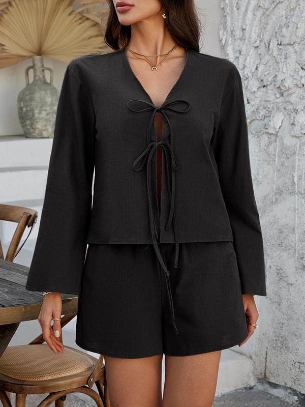 Flared Sleeves Long Sleeves Solid Color Tied V-Neck Blouses&Shirts Tops + Shorts Bottom Two Pieces Set Product Image