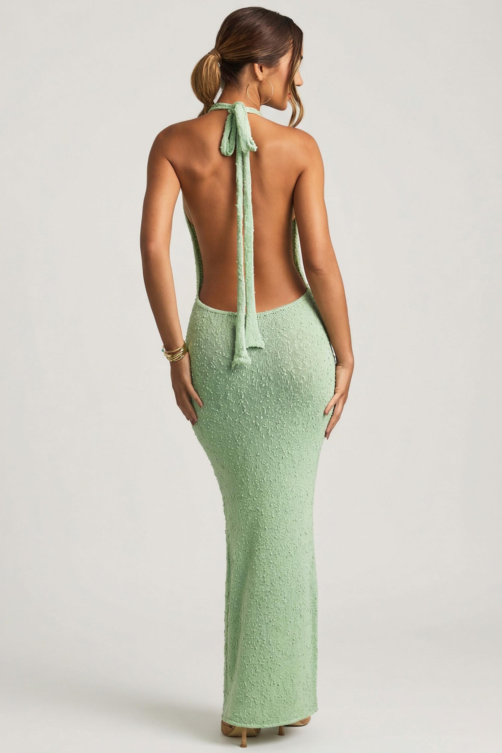 Bouclé Halterneck Maxi Dress in Mint Girls Product Image
