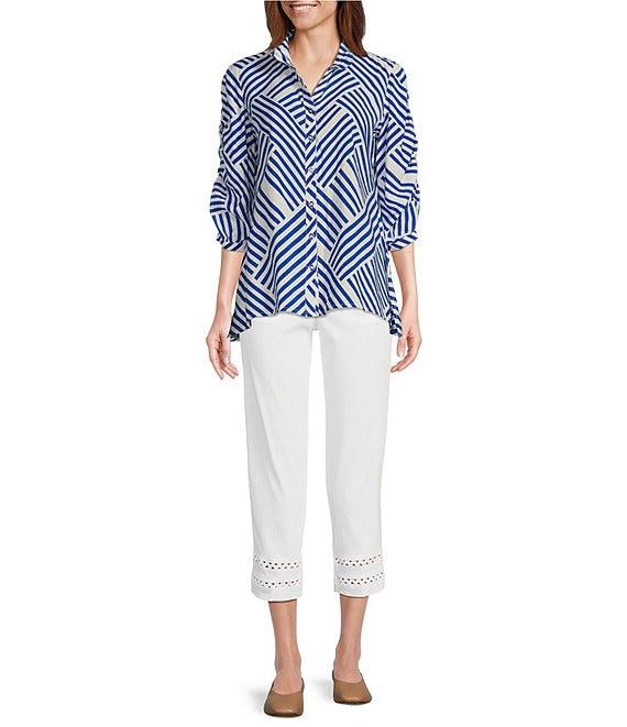 Multiples Petite Size Crinkle Woven Printed Wire Collar 3/4 Sleeve Button-Front Shirt Product Image