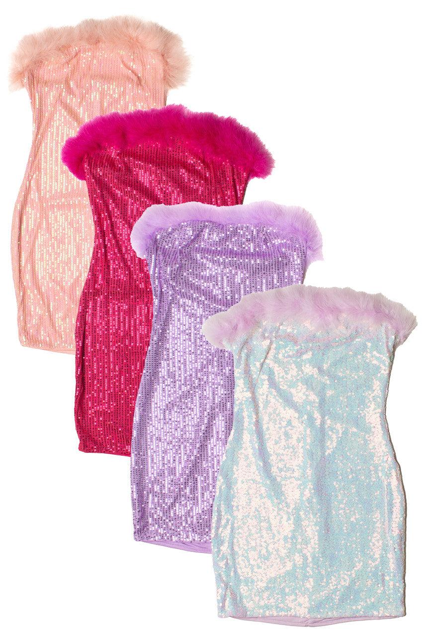 Sequin Fur Trim Strapless Mini Dress Product Image