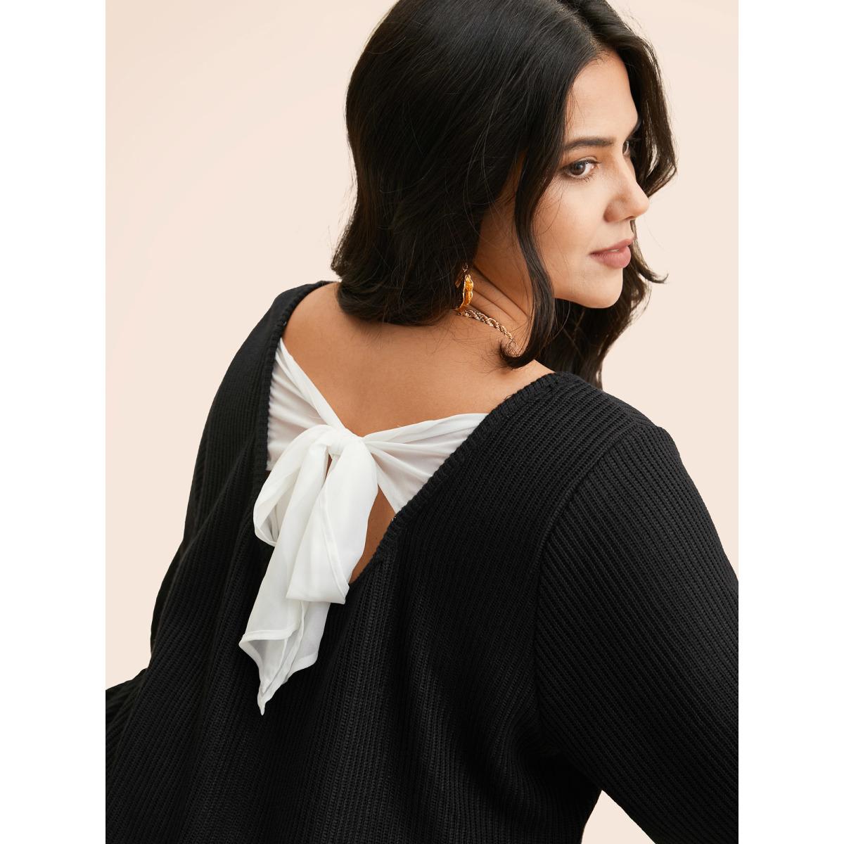 Plus Size Textured Contrast Tie Knot Sweatshirt Women Black Elegant Tie knot V-neck Everyday Sweatshirts BloomChic 30/6X Product Image