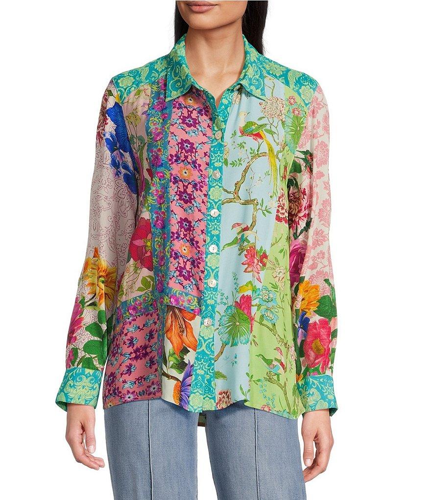 John Mark Petite Size Woven Mixed Floral Point Collar Long Roll-Tab Sleeve Button-Front Blouse Product Image