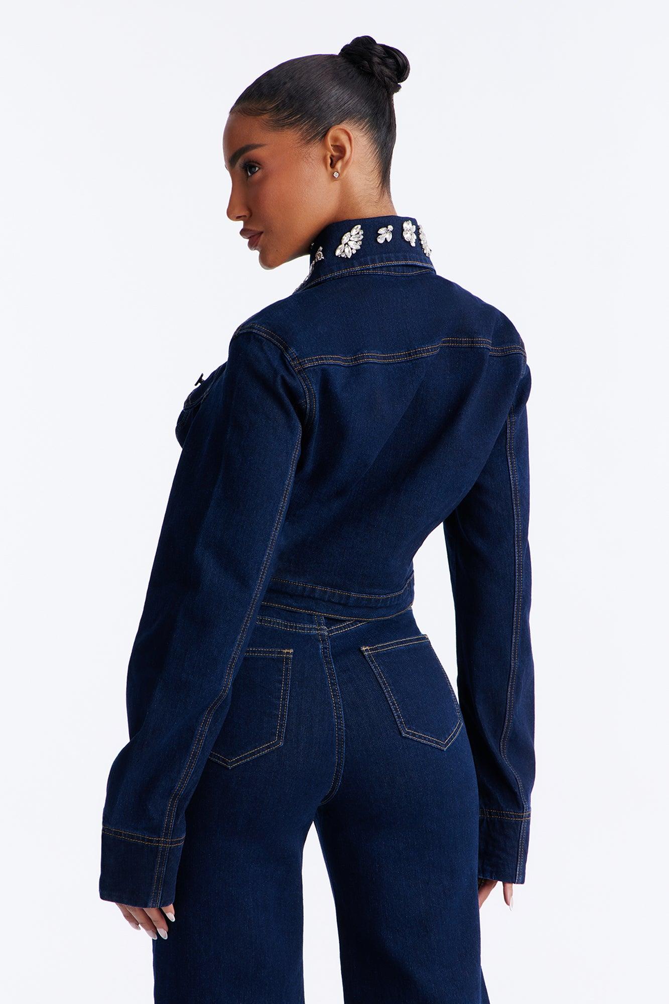 Fame And Fortune Embellished Denim Jacket - Dark Wash Female Product Image