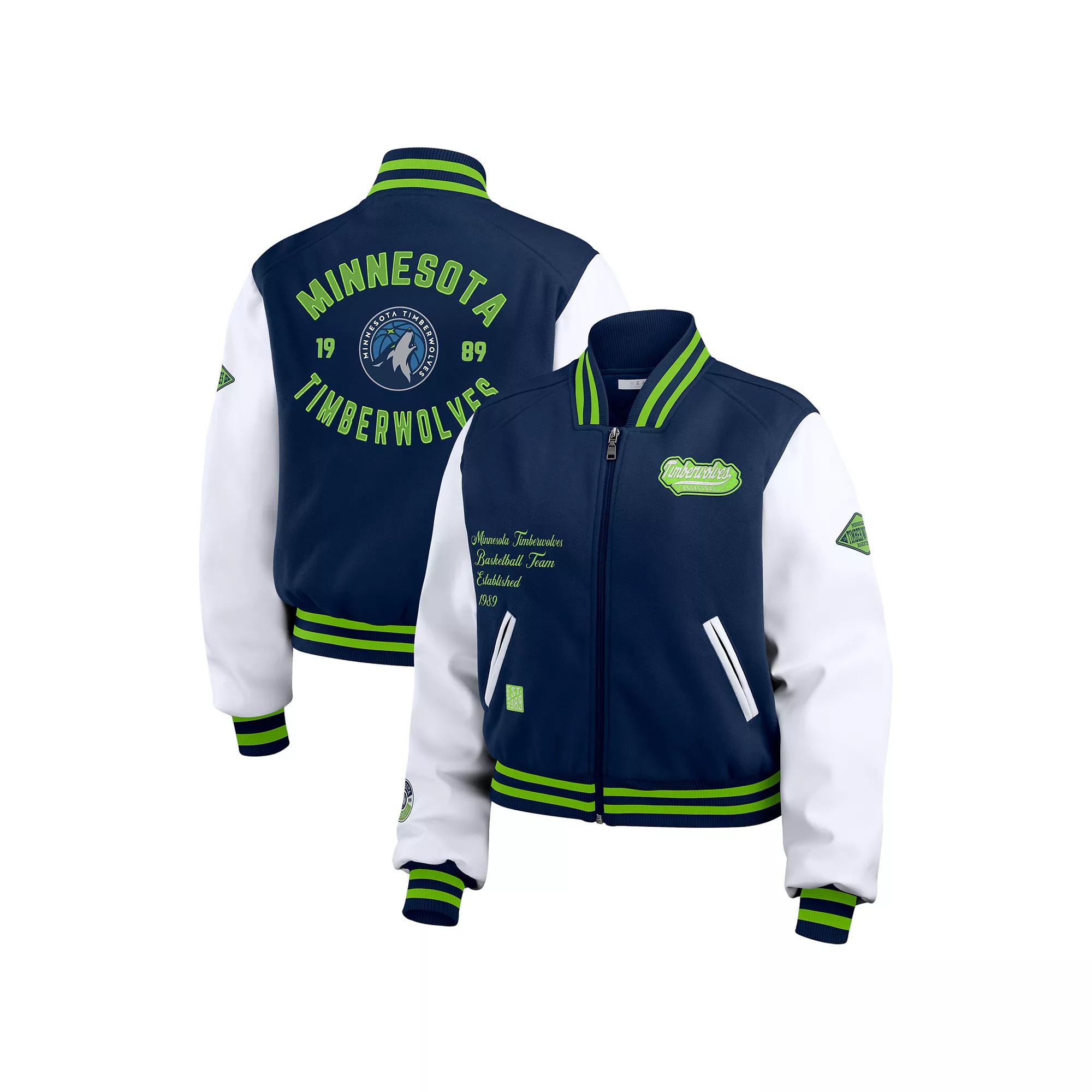 Women's WEAR by Erin Andrews Navy/White Denver Nuggets Cropped Varsity Full-Zip Jacket, Size: XL, Nug Blue Product Image