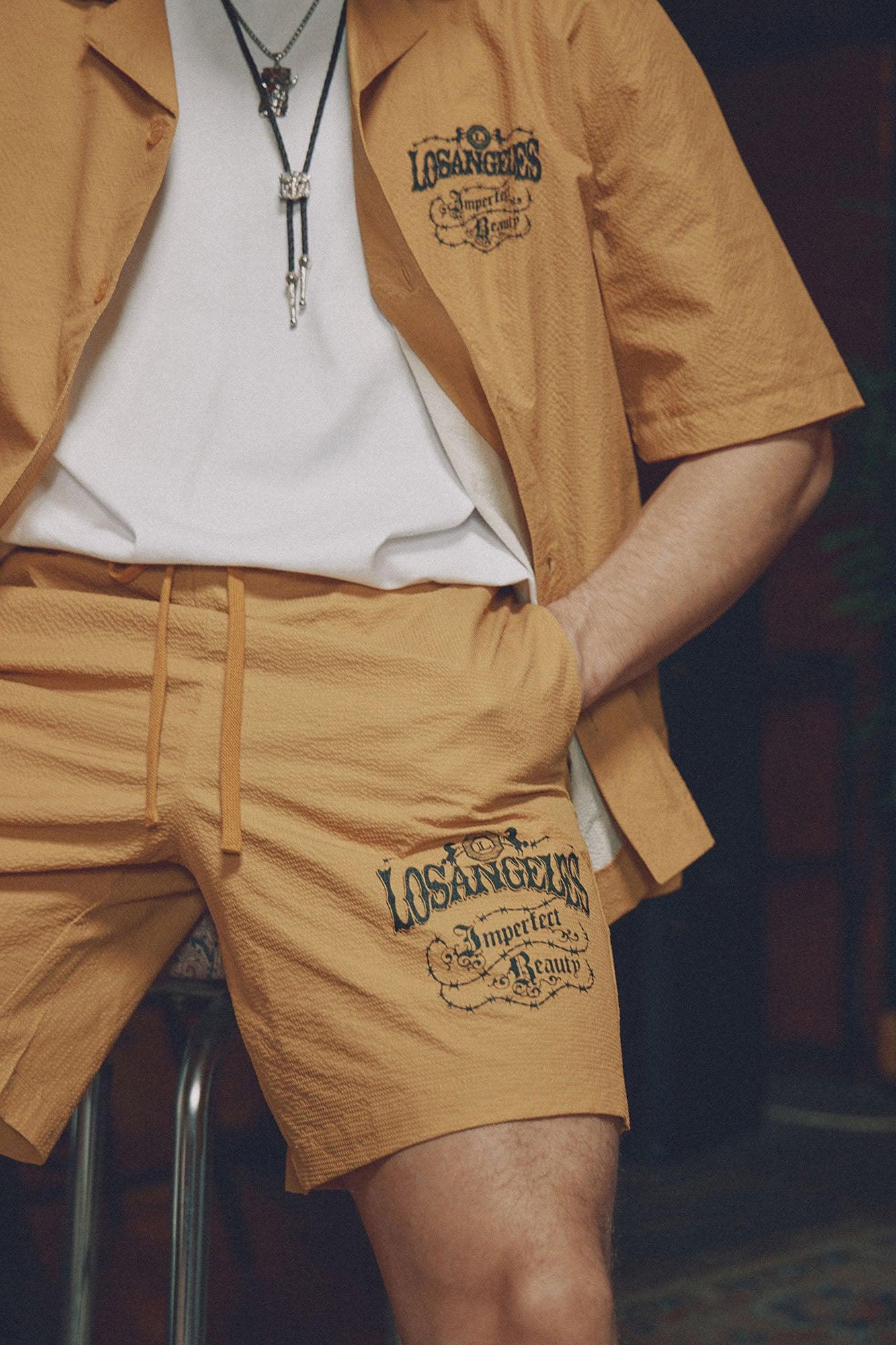 Waffle Crinkled Cuban Collar Shirt - Yellow Product Image