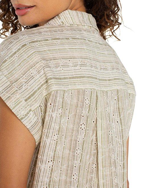 Liverpool Los Angeles Yarn-Dyed Stripe Notch Collar Rolled Cap Sleeve Camp Shirt Product Image