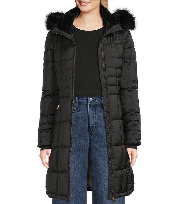Donna Karan Faux Fur Trim Hooded Neck Zip Front Walker Puffer Coat Product Image