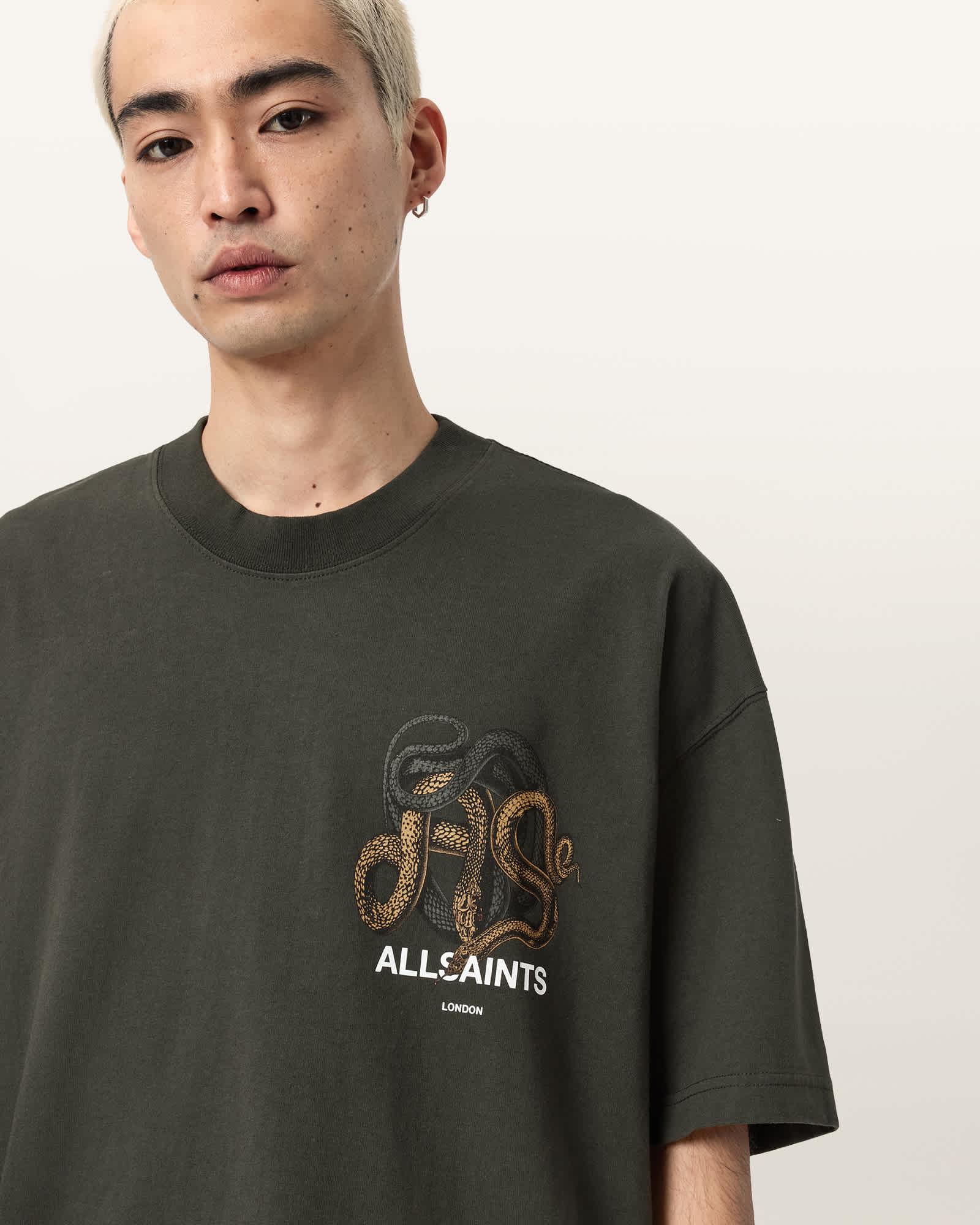 Reticulate Oversized Graphic Snake Print T-Shirt DUFFEL GREEN | ALLSAINTS US Product Image