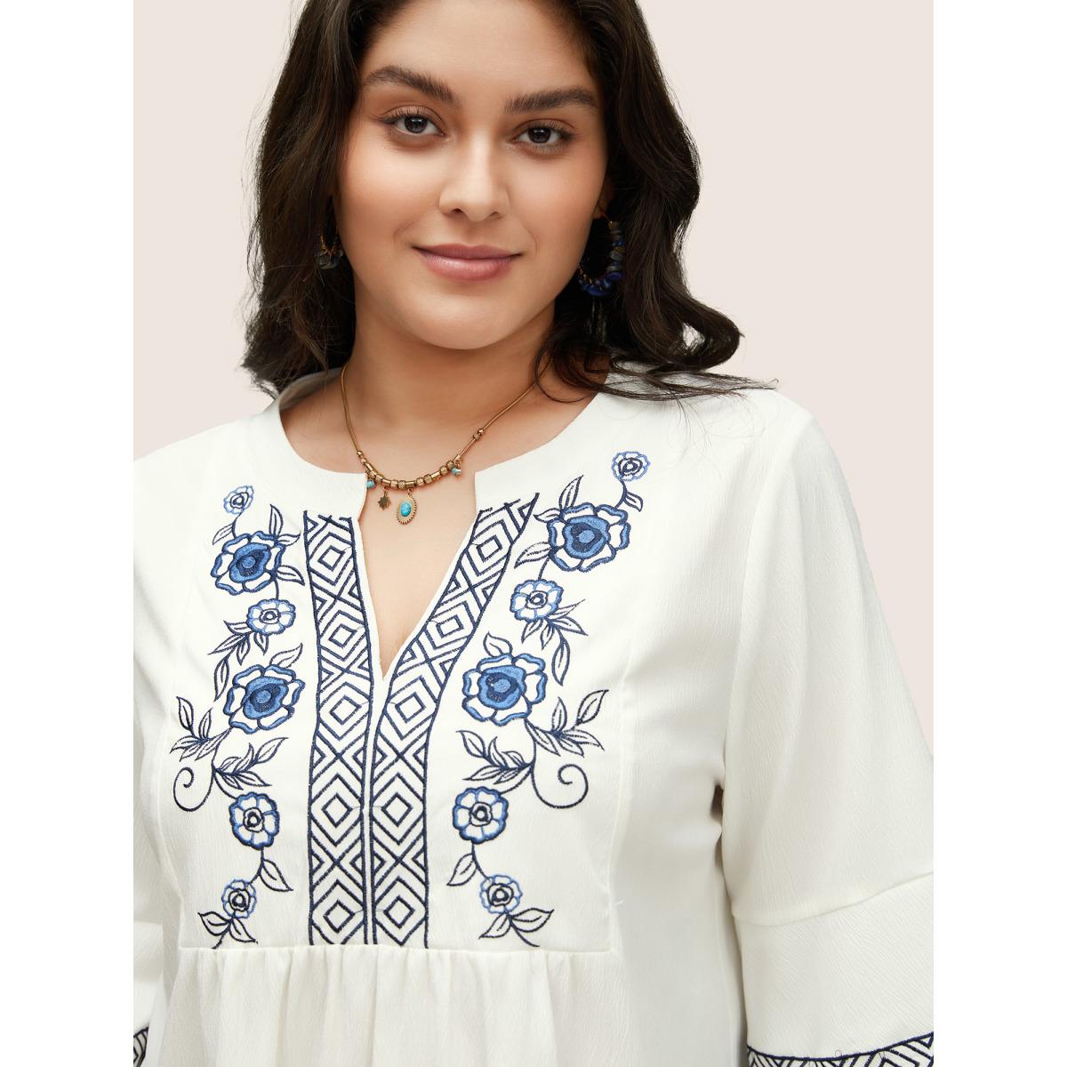Plus Size Ivory Boho Print Embroidered Gathered Notched Blouse Women Resort Half Sleeve Flat collar with V-notch Vacation Blouses BloomChic 26/4X Product Image