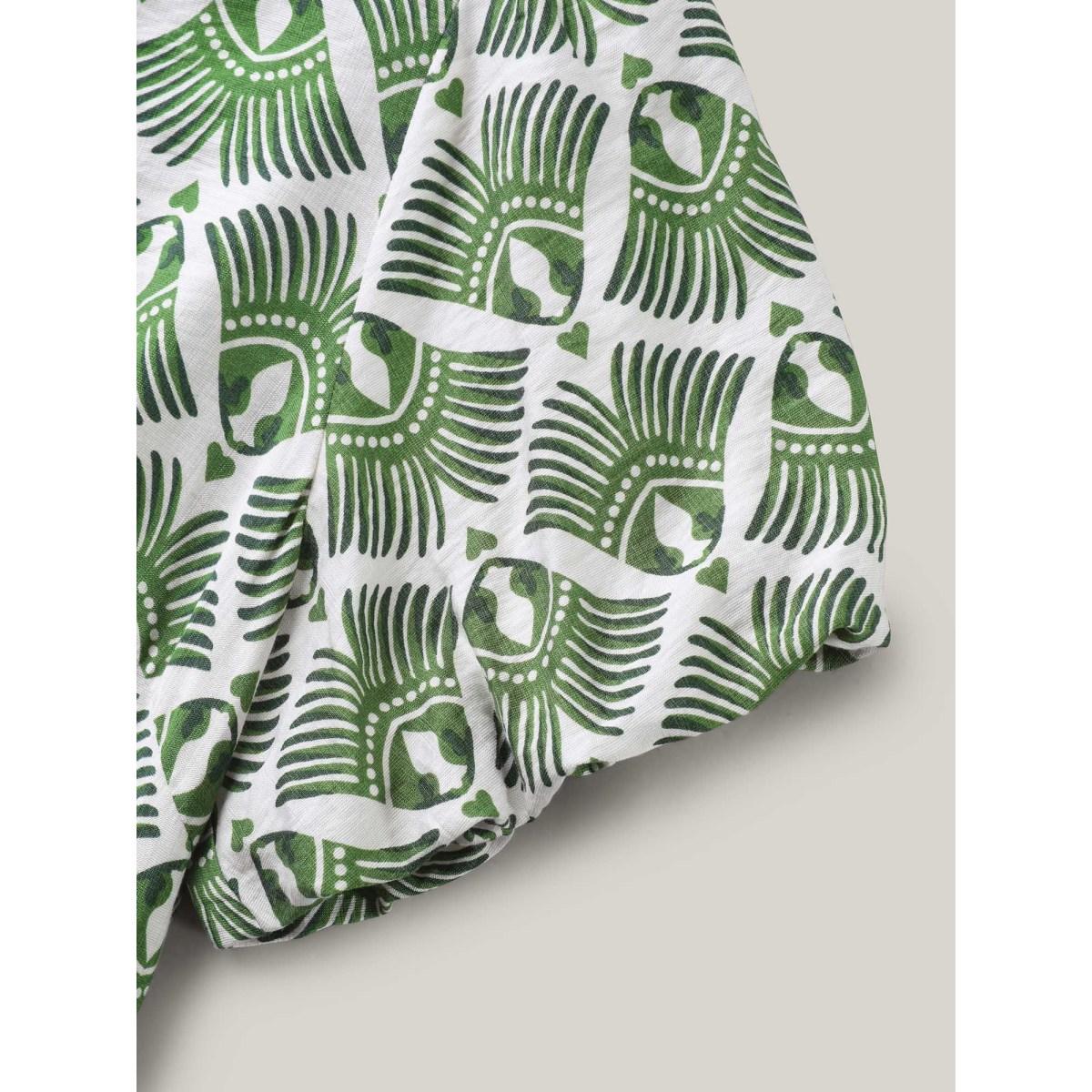 Plus Size Moss Large Floral Print Flared Sleeve Tie Blouse Women Short sleeve Flat collar with V-notch Vacation Blouses BloomChic 14-16/1X Product Image