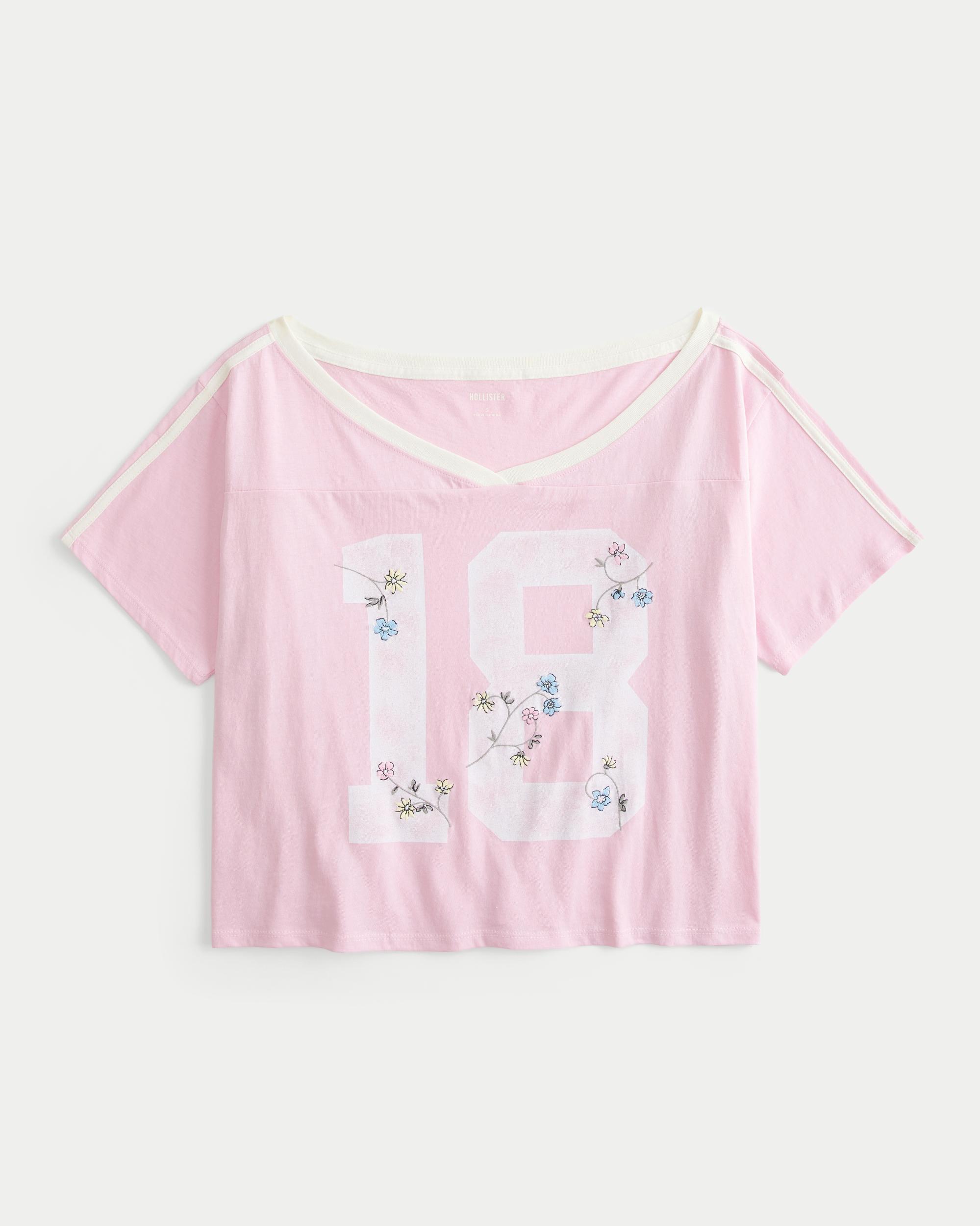 Oversized Off-the-Shoulder Varsity Floral Graphic Tee Product Image