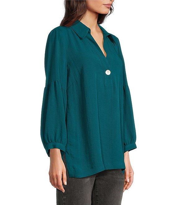 John Mark Woven Point Collar Neck 3/4 Sleeve Single Button Pullover Tunic Product Image