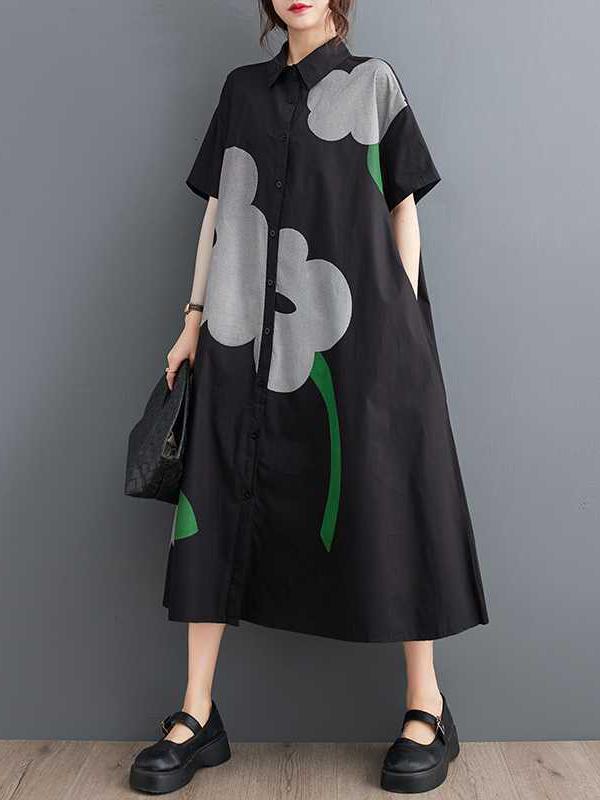 Loose Short Sleeves Buttoned Floral Printed Lapel Collar Midi Dresses Product Image