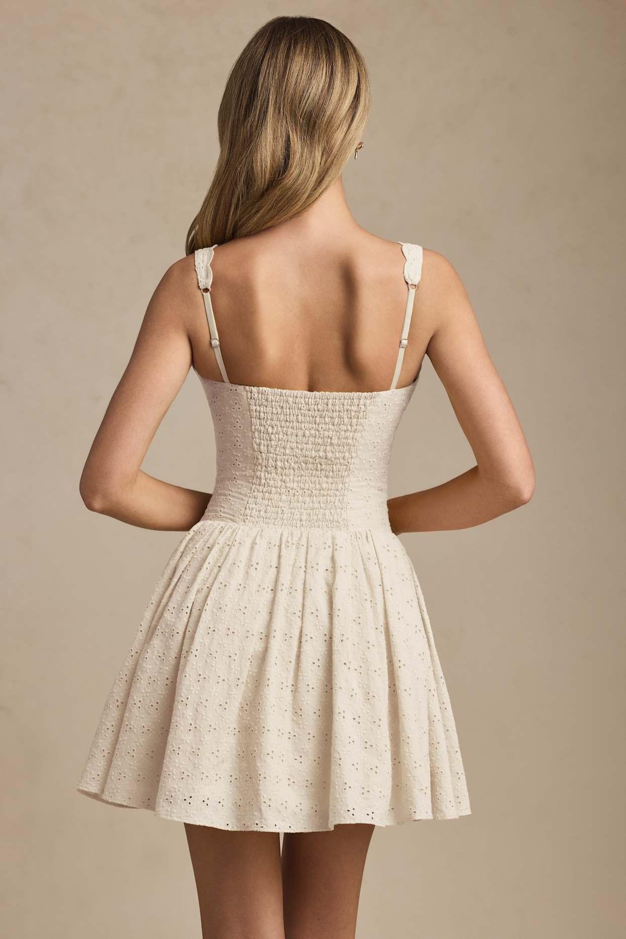 Broderie Anglaise Bow-Detail A-Line Mini Dress in Ivory Product Image