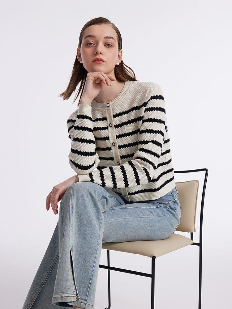 Striped Pearl Button Knitted Women Cardigan Product Image