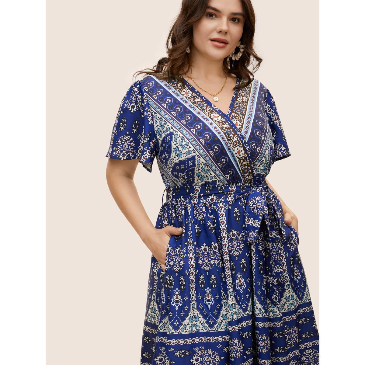 Plus Size Bandana Print Wrap Gathered Maxi Dress Navy Women Resort Belted V-neck Short sleeve Curvy BloomChic 26/4X Product Image
