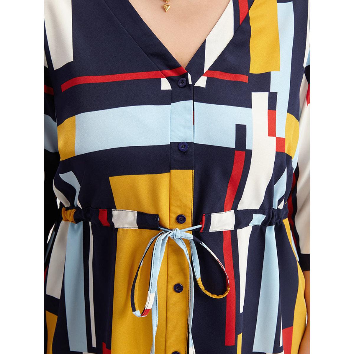 Plus Size Multicolor Geometric Contrast Drawstring Button Up Blouse Women Office Elbow-length sleeve V-neck Office Blouses BloomChic 26/4X Product Image