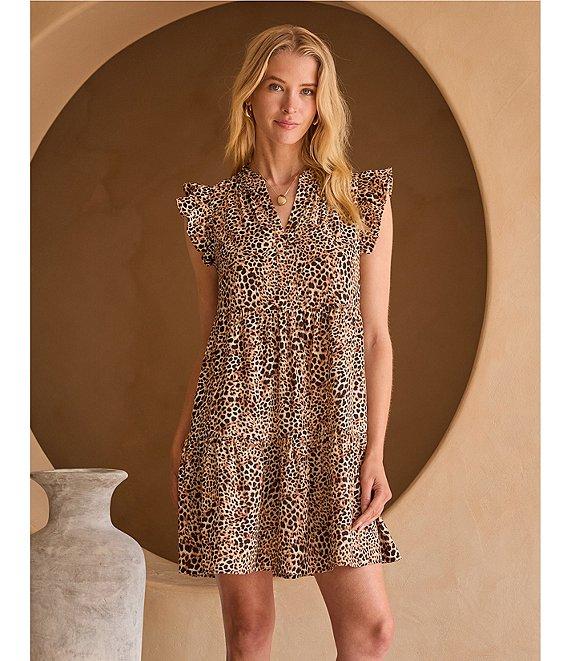 Skies Are Blue Leopard Print Split V-Neck Ruffle Cap Sleeves Shift Mini Dress Product Image
